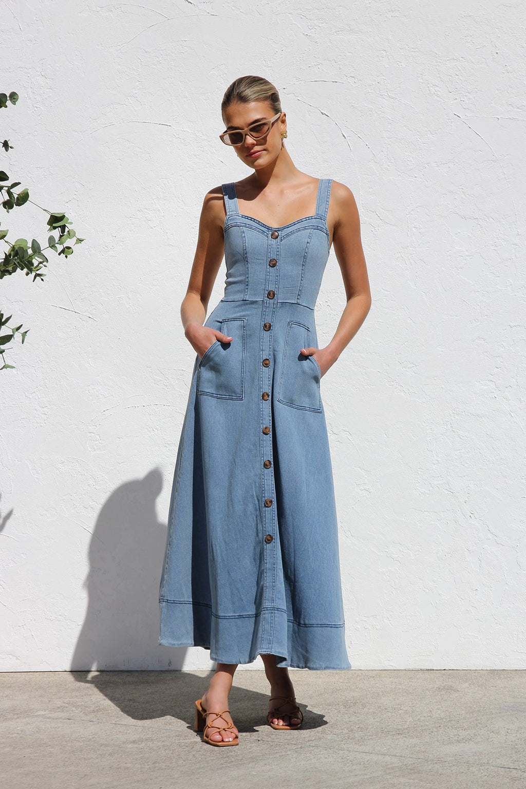 DENIM SUSPENDER CASUAL BUTTON MIDI DRESS-Blue